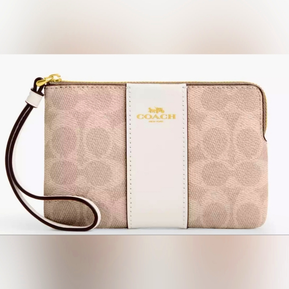 Coach Corner Zip Wristlet In Signature Canvas With Stripe